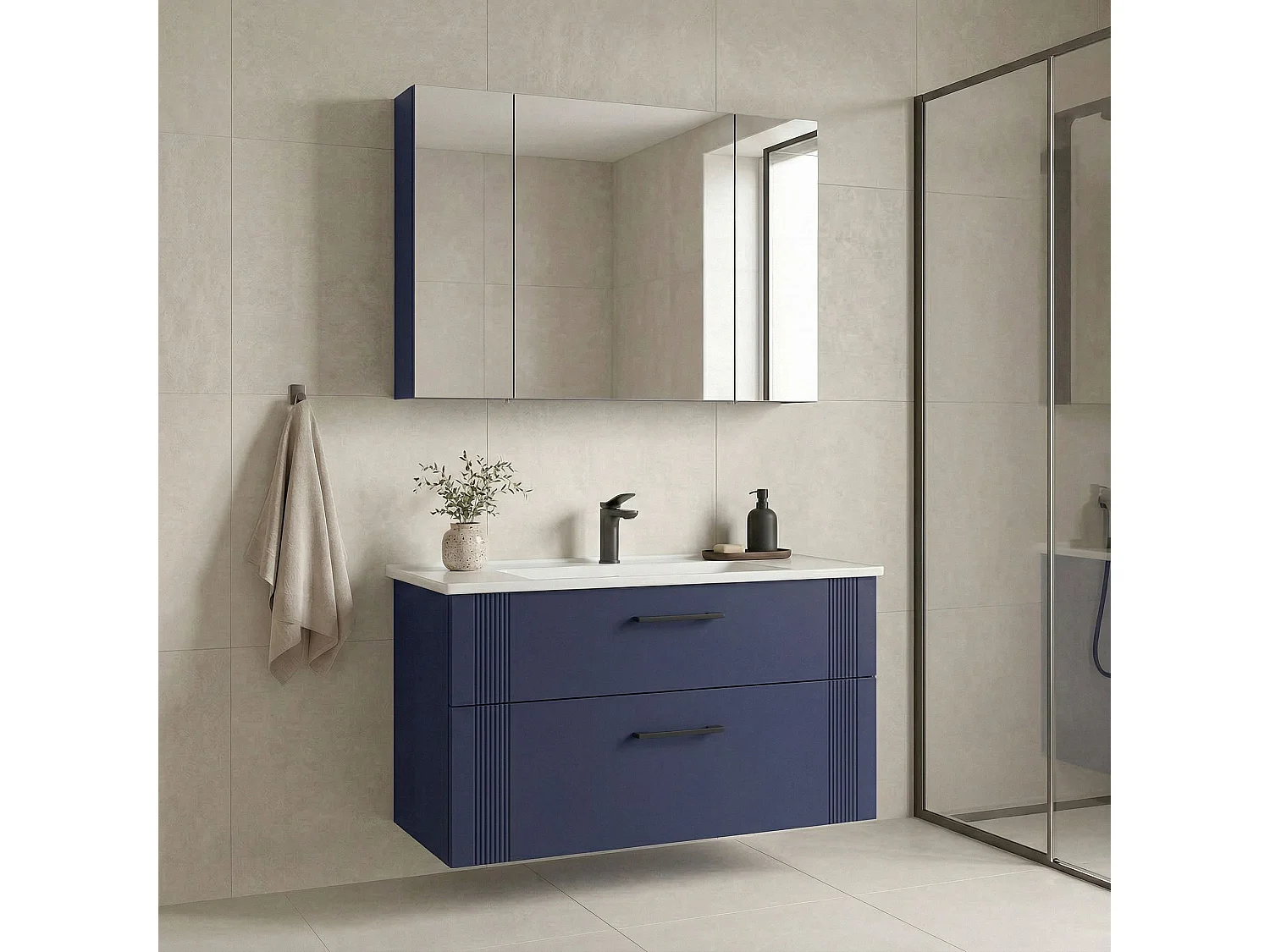 Ensemble Meuble Vasque avec Miroir (2 Pièces) "Bari 100 v2" - 100 x 45 x 55 cm - Matte Navy Blue