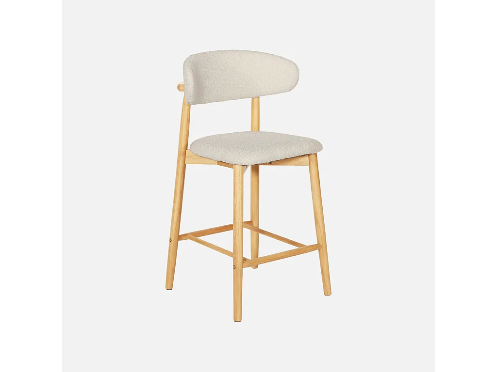 Taburete de bar de madera de hevea y tejido borreguito, set de 2