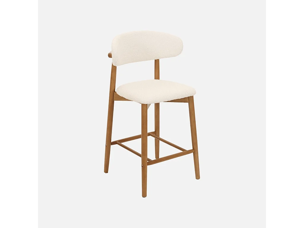 Taburete de bar de madera de hevea y tejido borreguito, set de 2 nogal