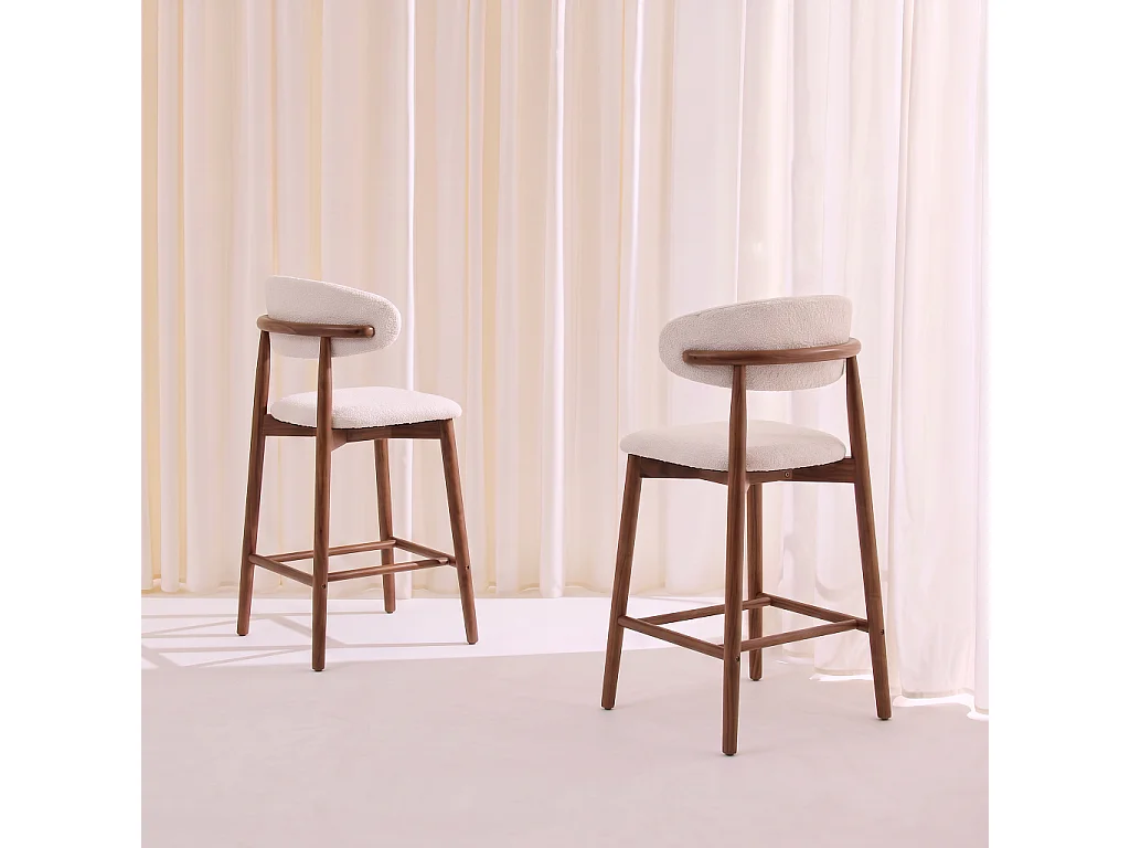 Taburete de bar de madera de hevea y tejido borreguito, set de 2,
