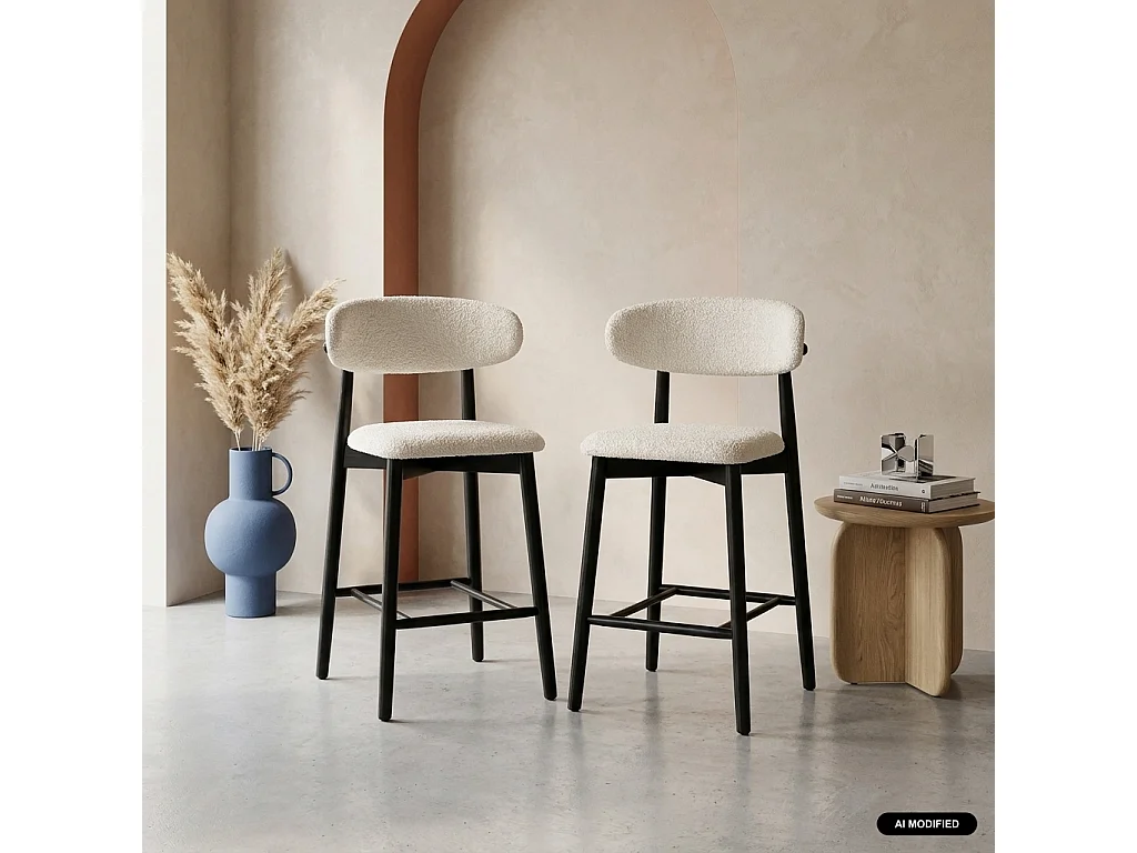 Taburete de bar de madera de hevea y tejido borreguito, set de 2 negro