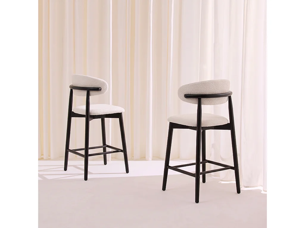 Taburete de bar de madera de hevea y tejido borreguito, set de 2,
