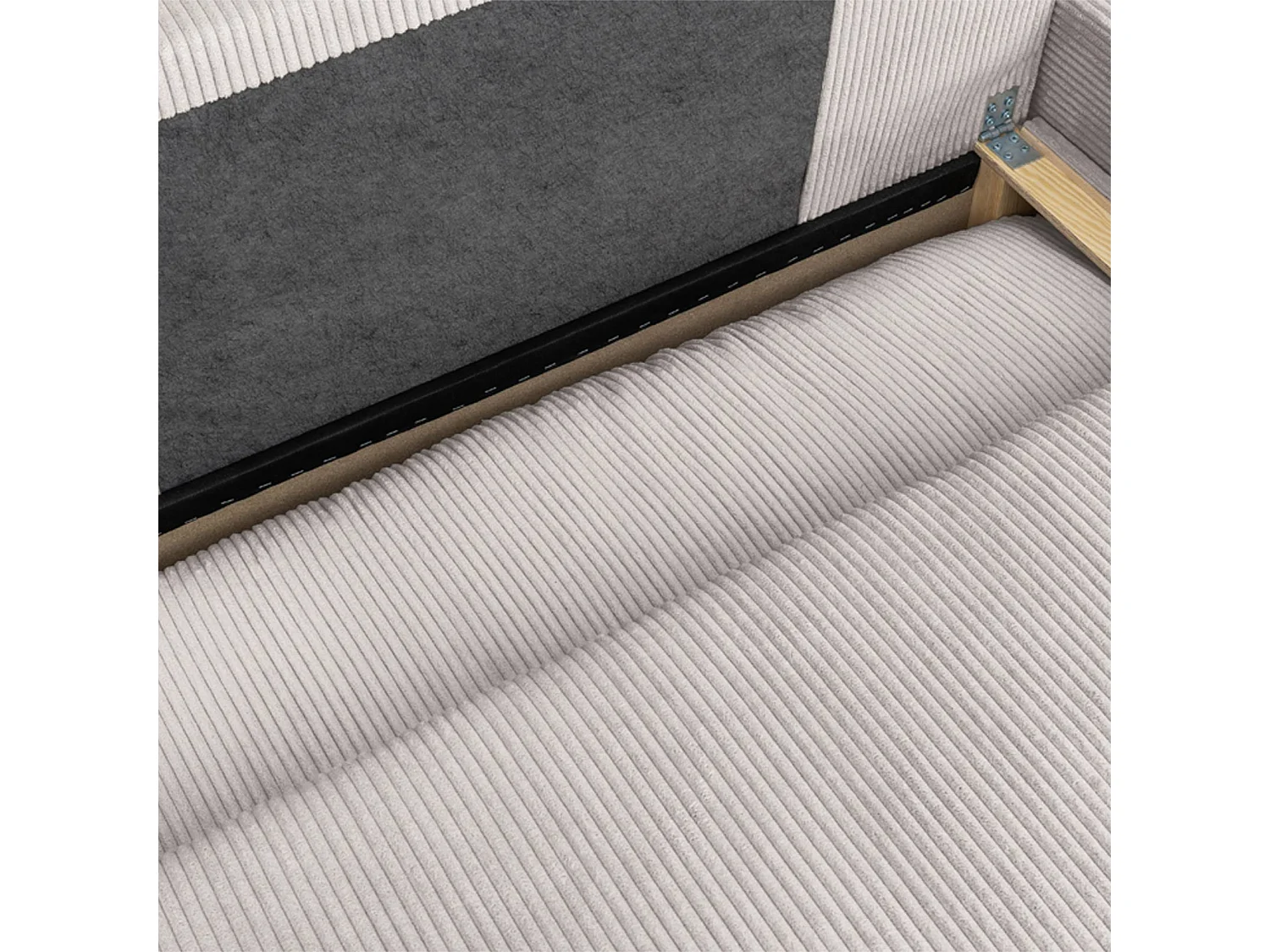 Banquette canapé d'angle droit convertible 3 places velours côtelé avec coffre greige - Nelson