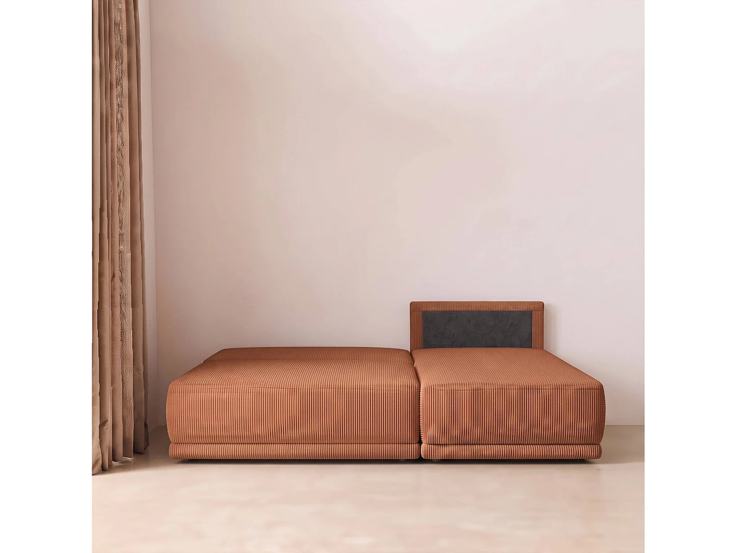 Banquette canapé d'angle droit convertible 3 places velours côtelé avec coffre brique - Nelson