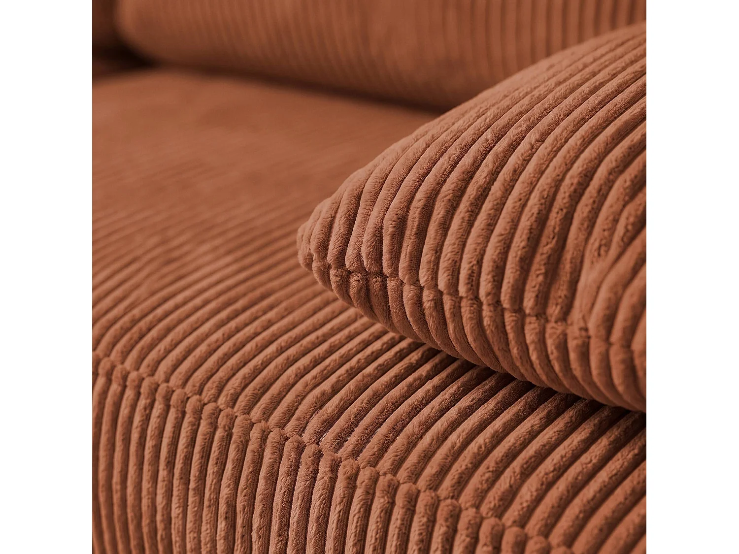 Banquette canapé d'angle droit convertible 3 places velours côtelé avec coffre brique - Nelson