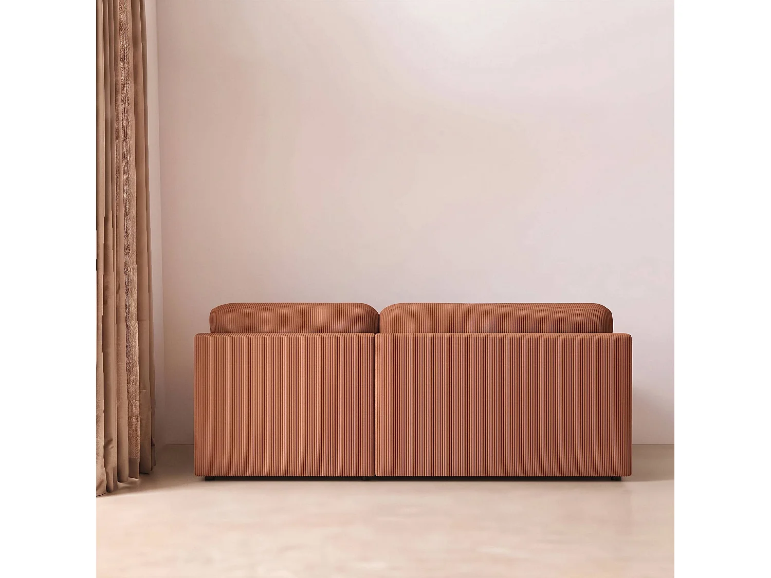 Banquette canapé d'angle droit convertible 3 places velours côtelé avec coffre brique - Nelson
