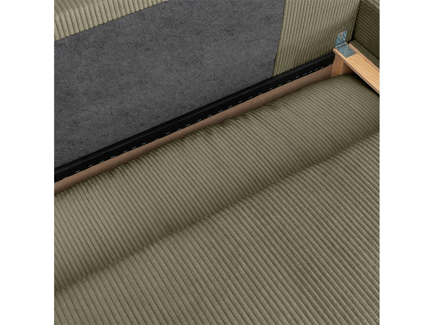 Banquette canapé d'angle droit convertible 3 places velours côtelé avec coffre kaki - Nelson