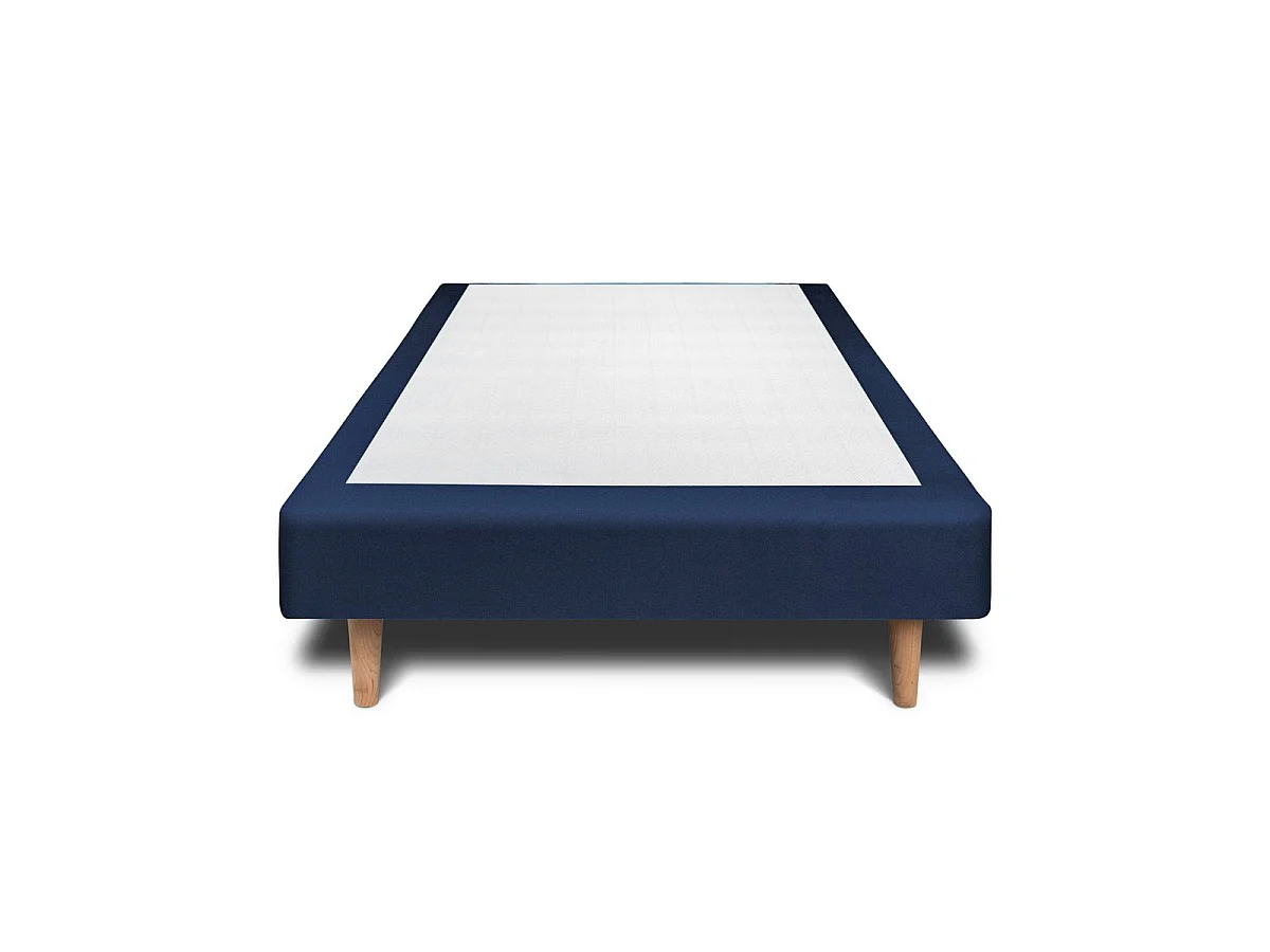 Lit 90x190cm avec tête de lit lignes velours et sommier tapissier Bleu - Hauteur totale : 29cm