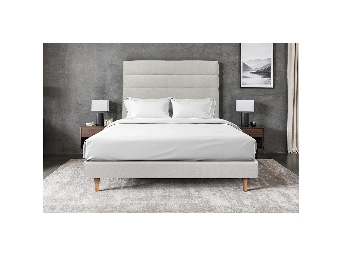 Lit 160x200cm avec tête de lit lignes velours et sommier tapissier gris clair - Hauteur totale : 29cm
