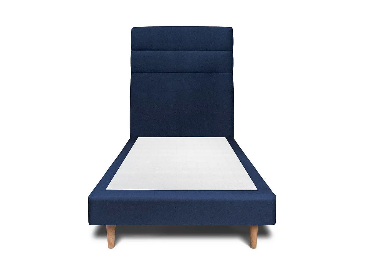 Lit 90x200cm avec tête de lit lignes velours et sommier tapissier Bleu - Hauteur totale : 29cm