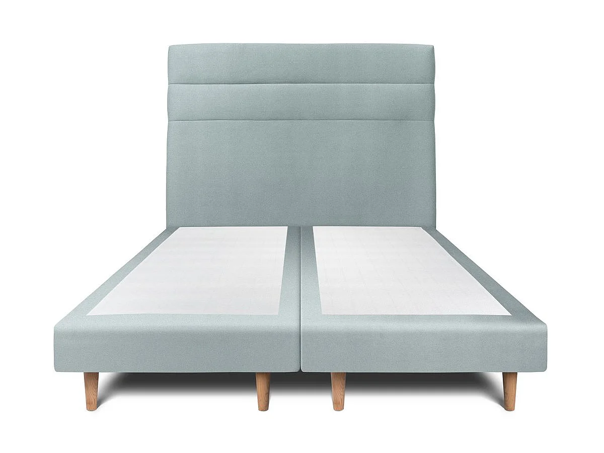 Lit 200x200cm avec tête de lit lignes velours et double sommier tapissier gris bleuté - Hauteur totale : 29cm