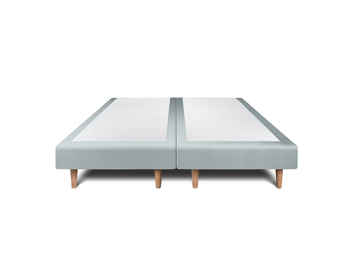 Lit 200x200cm avec tête de lit lignes velours et double sommier tapissier gris bleuté - Hauteur totale : 29cm