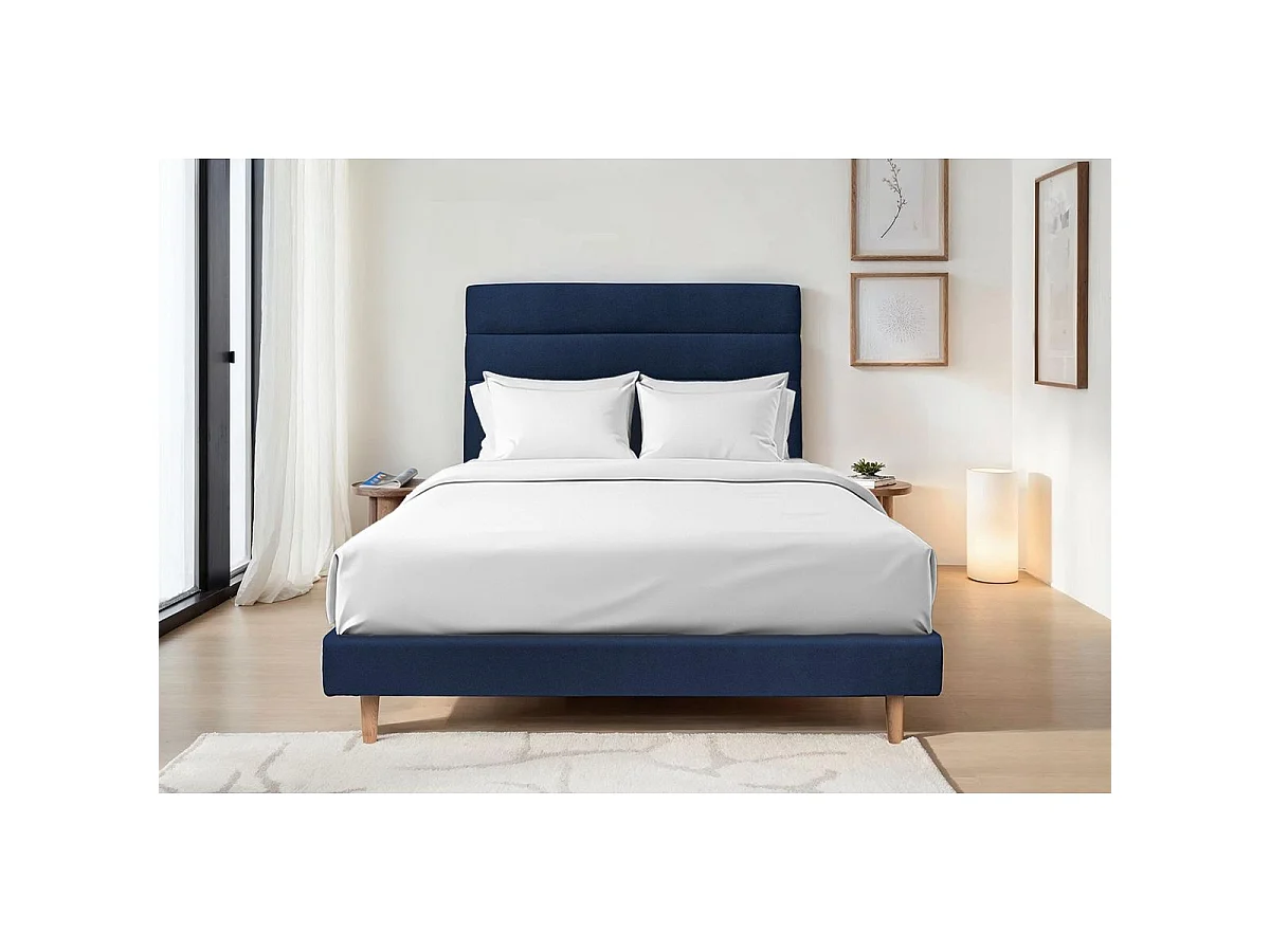 Lit 160x200cm avec tête de lit lignes velours et sommier tapissier Bleu - Hauteur totale : 29cm