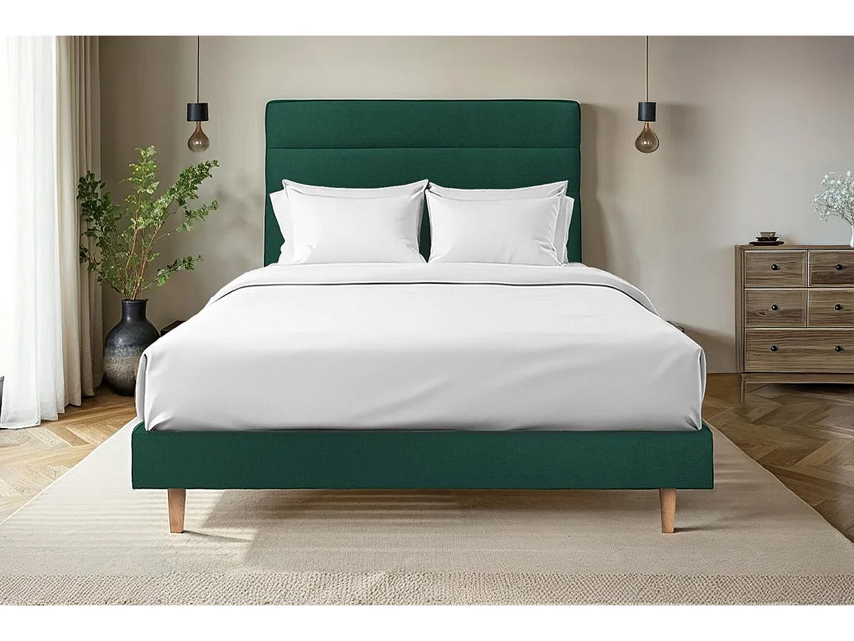 Lit 140x190cm avec tête de lit lignes velours et sommier tapissier vert - Hauteur totale : 29cm