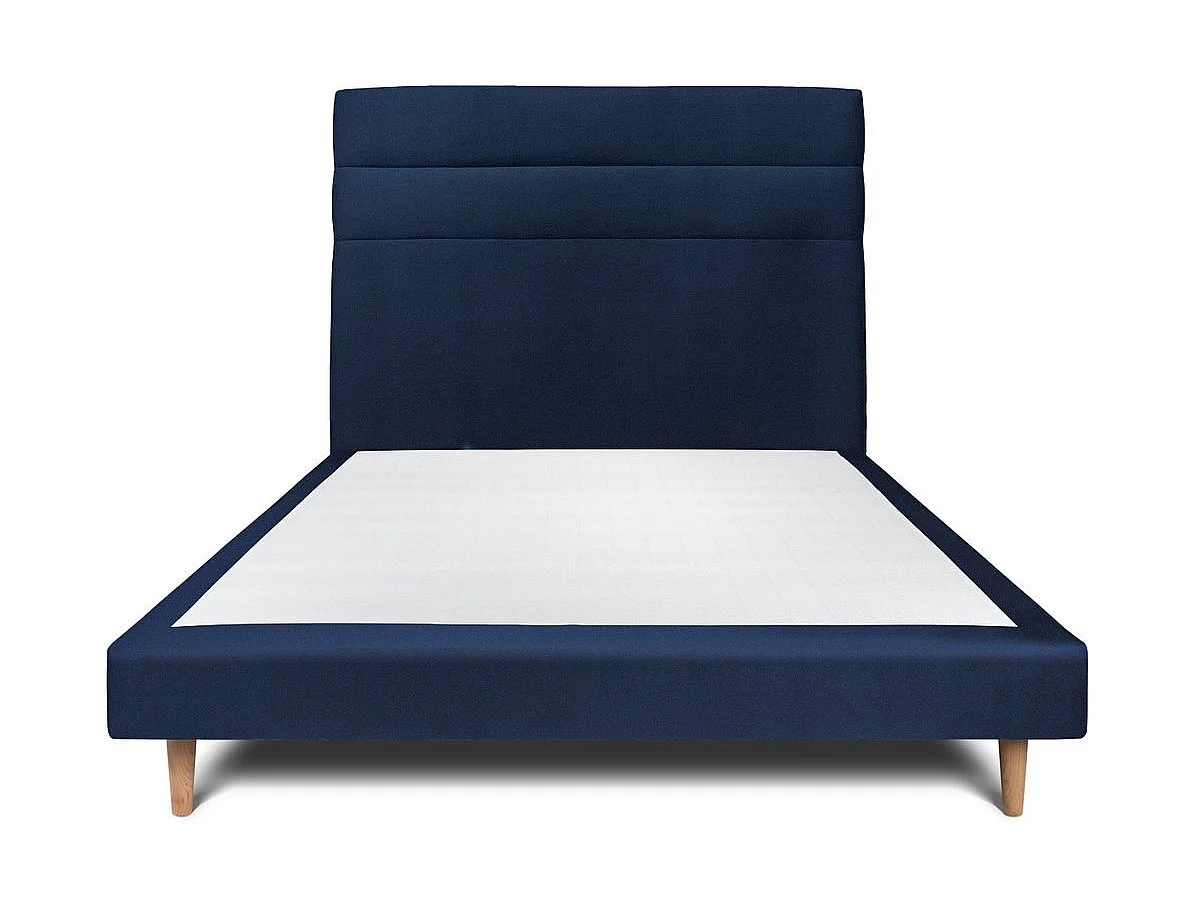 Lit 150x190cm avec tête de lit lignes velours et sommier tapissier Bleu - Hauteur totale : 29cm