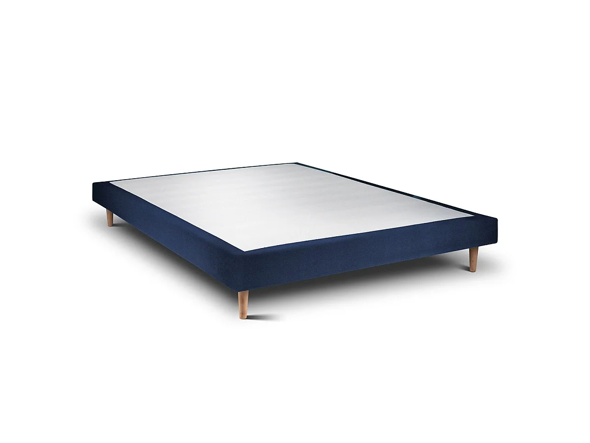 Lit 150x190cm avec tête de lit lignes velours et sommier tapissier Bleu - Hauteur totale : 29cm