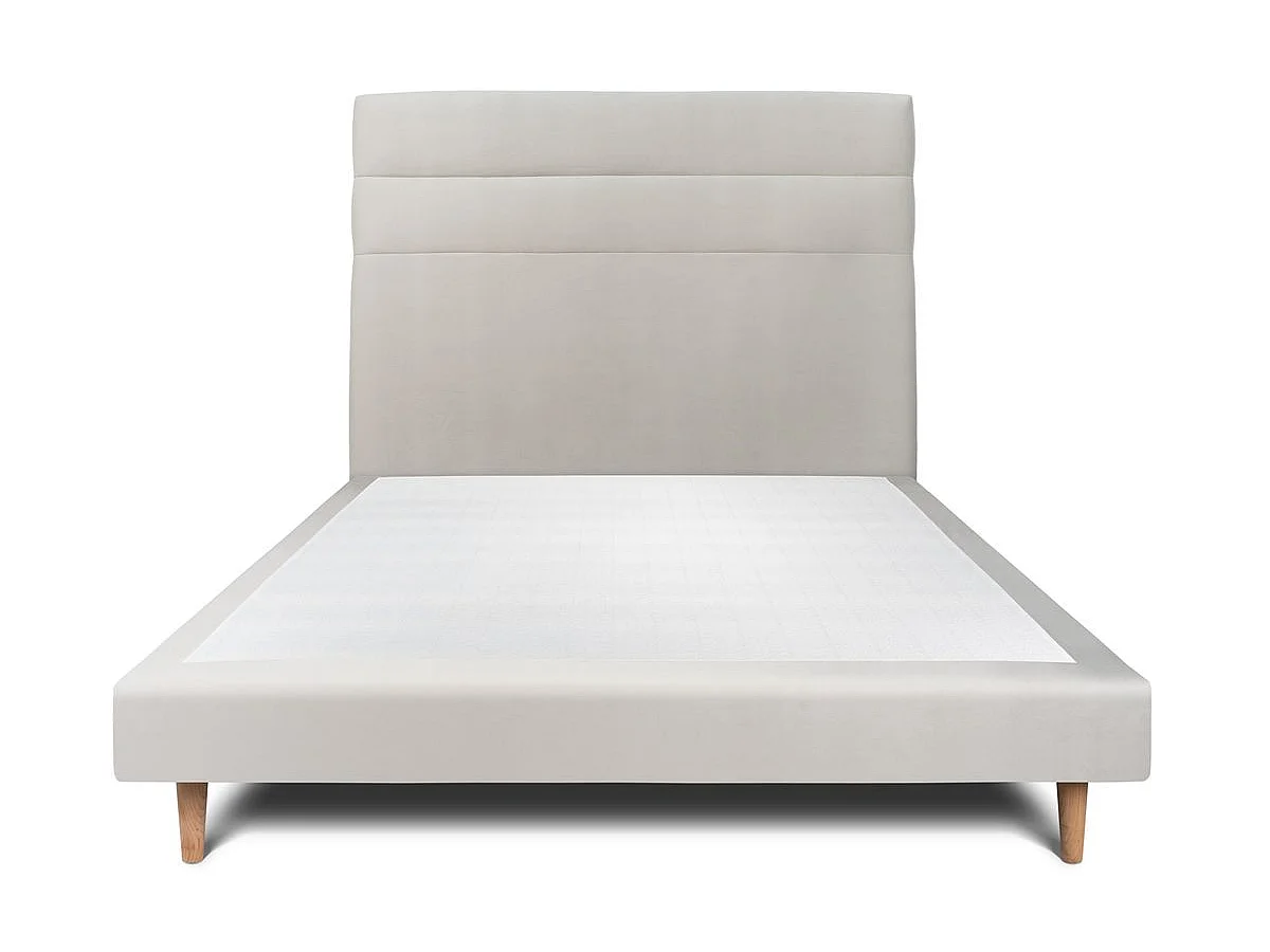 Lit 140x190cm avec tête de lit lignes velours et sommier tapissier gris clair - Hauteur totale : 29cm