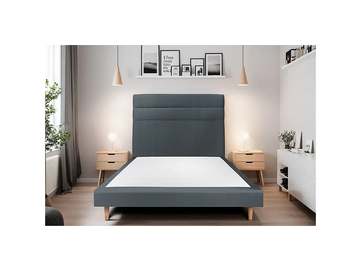 Lit 160x200cm avec tête de lit lignes velours et sommier tapissier gris anthracite - Hauteur totale : 29cm
