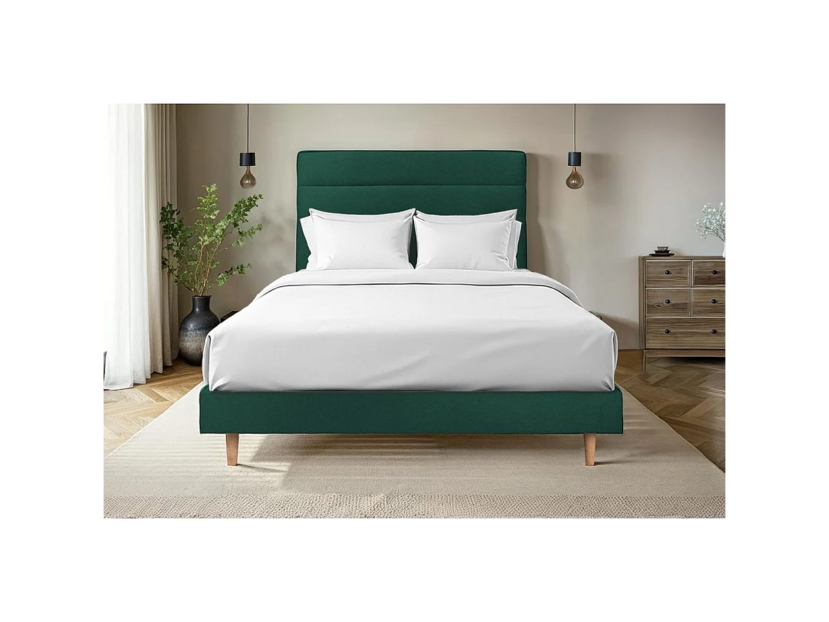 Lit 160x200cm avec tête de lit lignes velours et sommier tapissier vert - Hauteur totale : 29cm