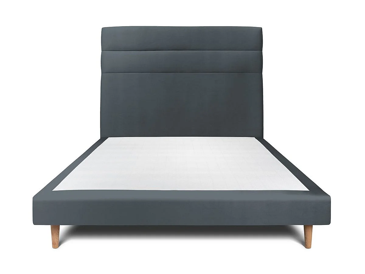 Lit 140x200cm avec tête de lit lignes velours et sommier tapissier gris anthracite - Hauteur totale : 29cm