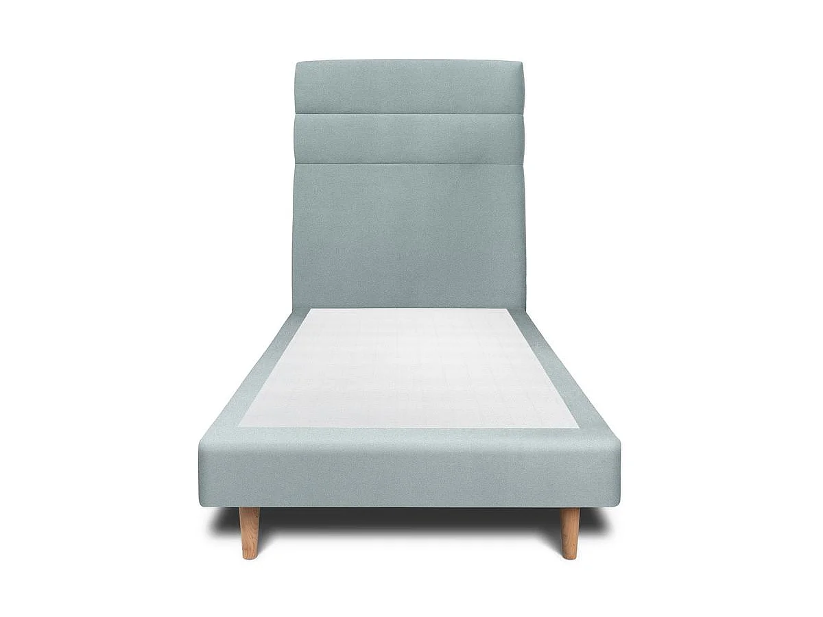 Lit 90x200cm avec tête de lit lignes velours et sommier tapissier gris bleuté - Hauteur totale : 29cm