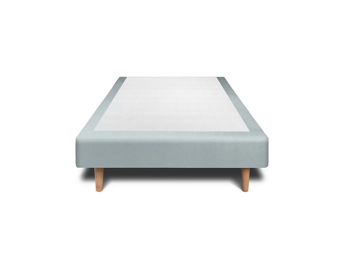 Lit 90x200cm avec tête de lit lignes velours et sommier tapissier gris bleuté - Hauteur totale : 29cm