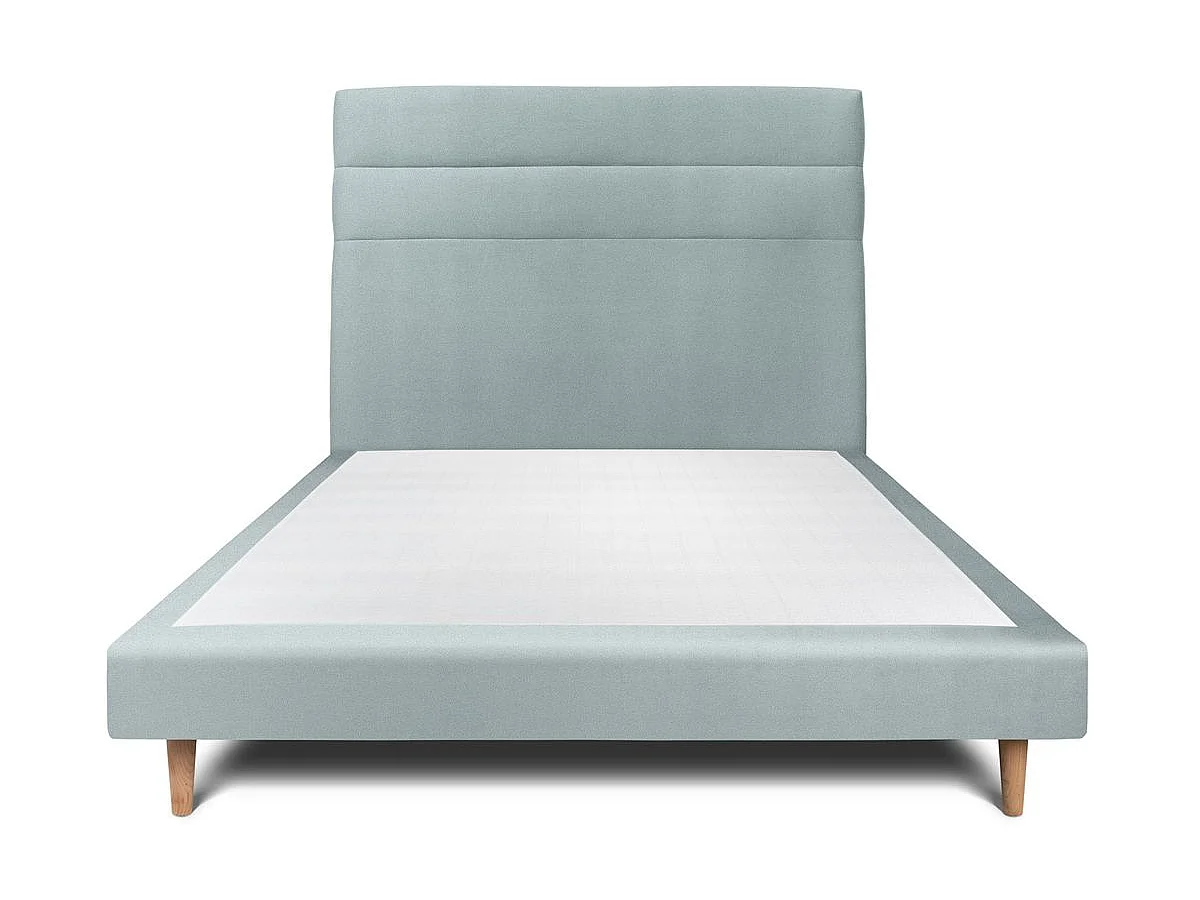 Lit 140x190cm avec tête de lit lignes velours et sommier tapissier gris bleuté - Hauteur totale : 29cm