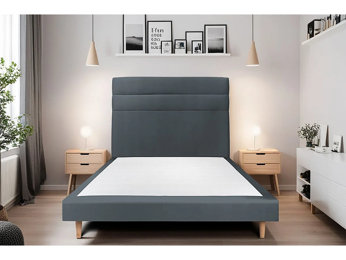 Lit 150x200cm avec tête de lit lignes velours et sommier tapissier gris anthracite - Hauteur totale : 29cm