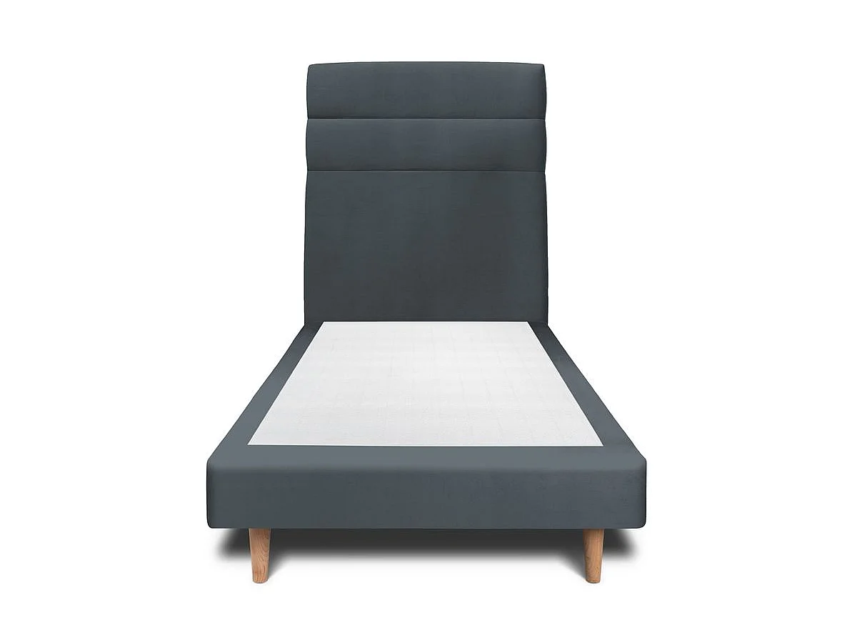 Lit 90x190cm avec tête de lit lignes velours et sommier tapissier gris anthracite - Hauteur totale : 29cm