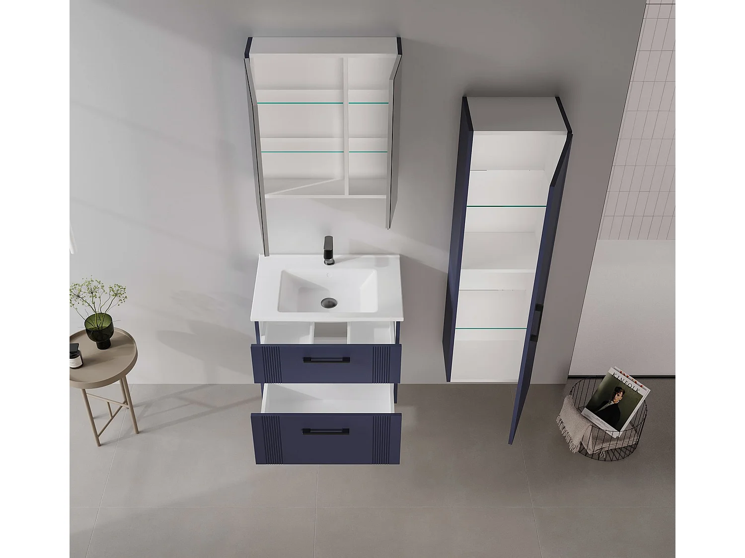 Badkamermeubel met spiegel "Bari 60" - 60 x 16 x 66 cm - mat marineblauw