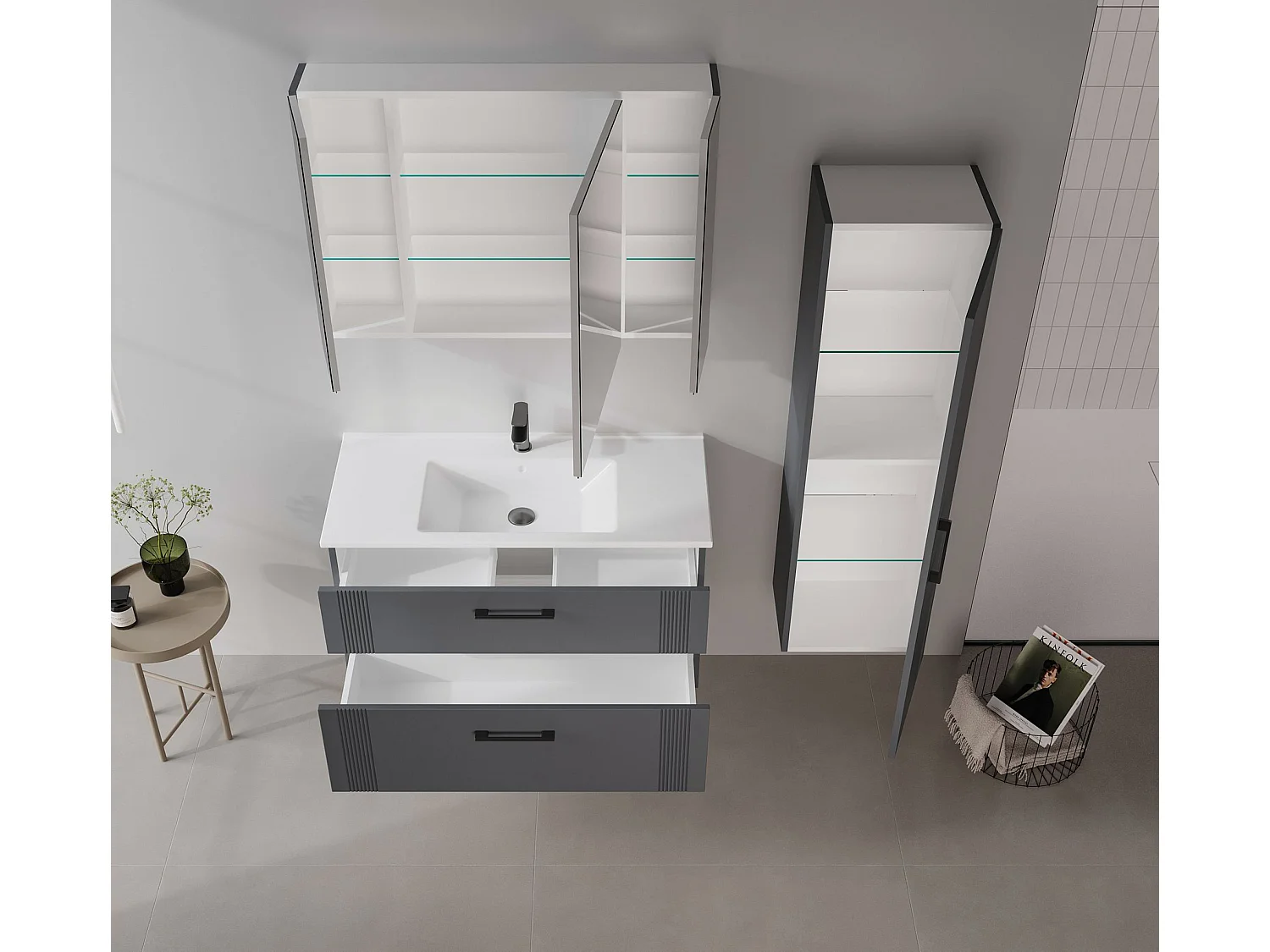 Badezimmerschrank mit Spiegel "Bari 100" – 97 x 16 x 66 cm – Anthrazit matt