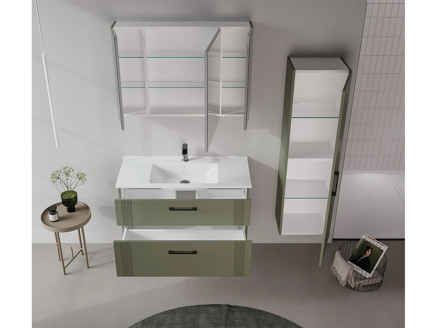 Badkamermeubel met spiegel "Bari 100" - 97 x 16 x 66 cm - Matte Green