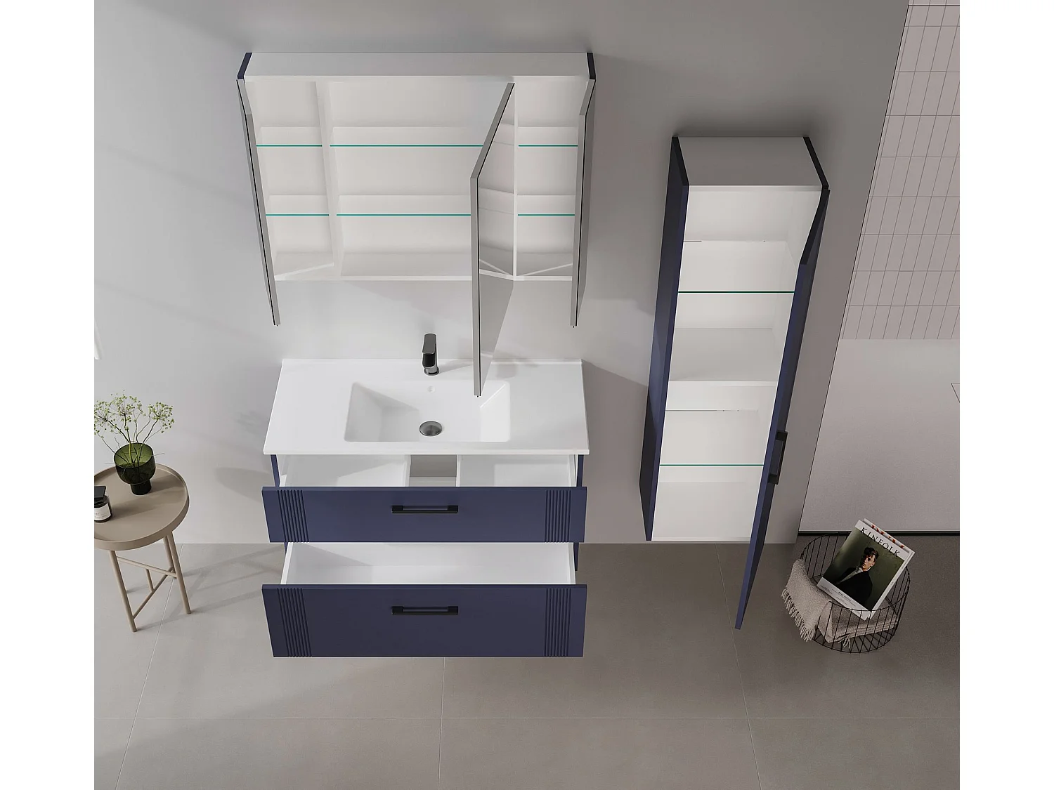 Badkamermeubel met spiegel "Bari 100" - 97 x 16 x 66 cm - mat marineblauw