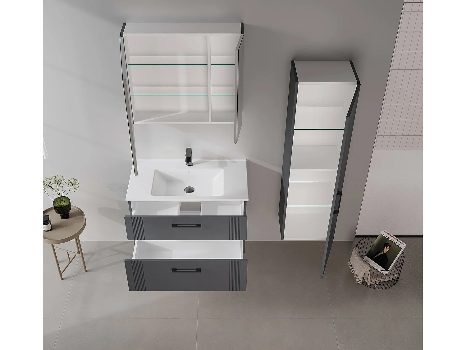 Meuble Salle de Bain avec Miroir "Bari 80" - 75 x 16 x 66 cm - Matte Anthracite