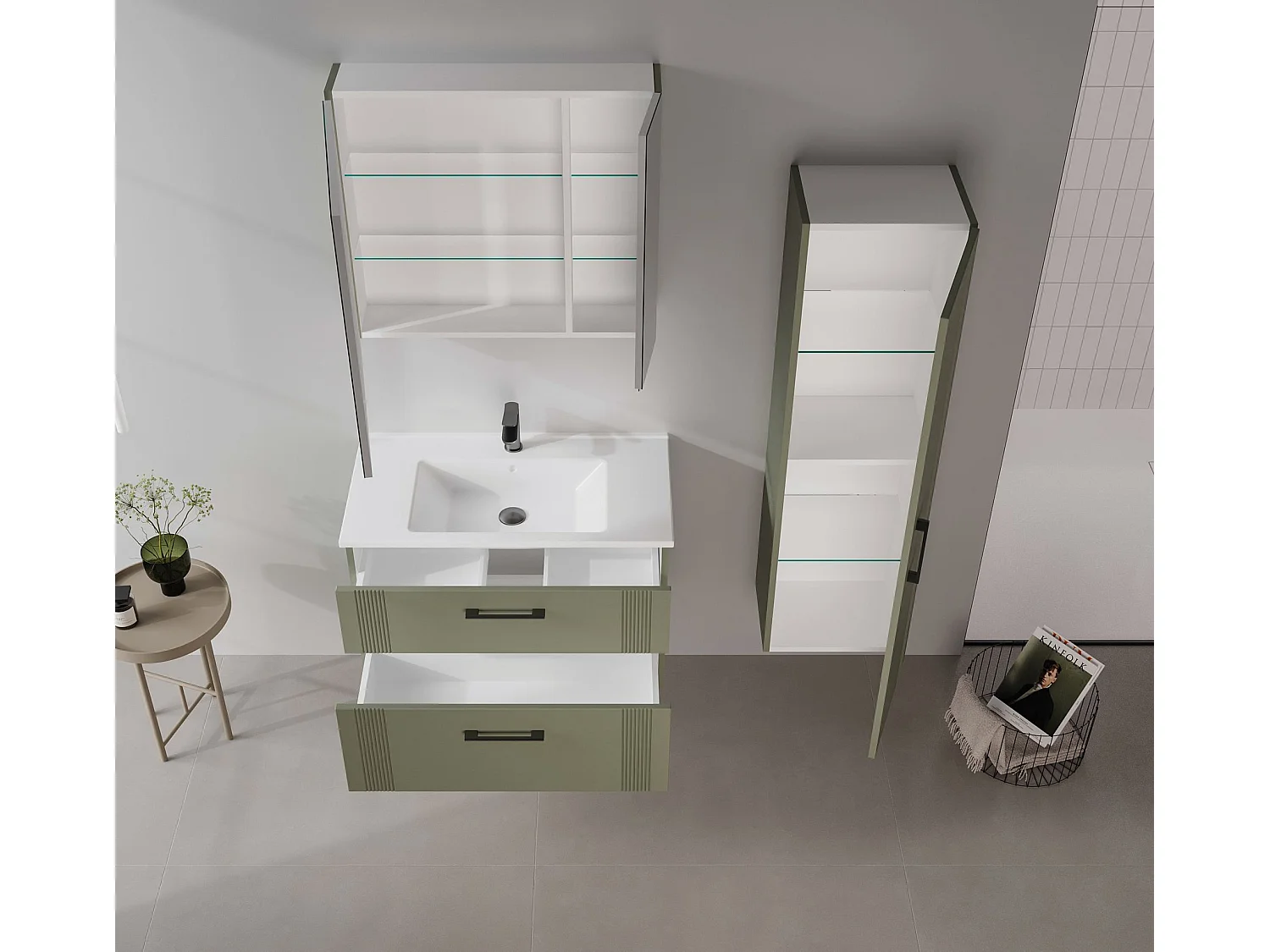 Meuble Salle de Bain avec Miroir "Bari 80" - 75 x 16 x 66 cm - Matte Green