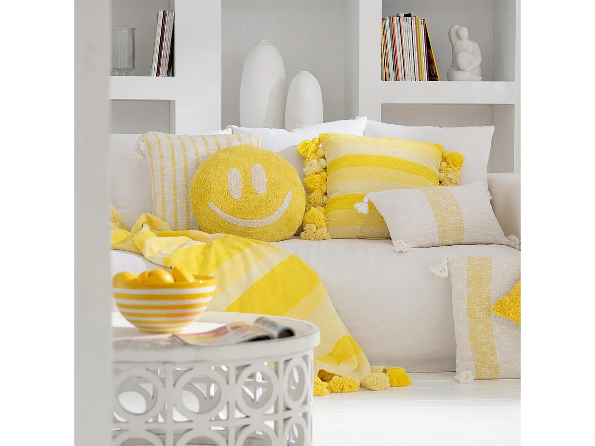 Coussin Déco Tufté Smiley "Polly" 45cm Jaune