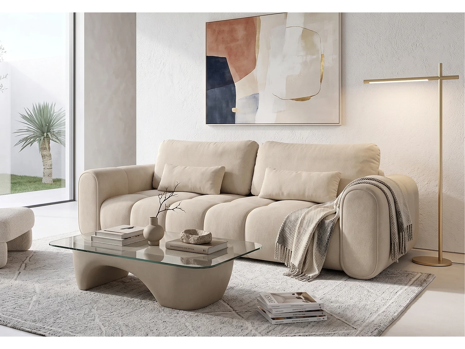Canapé droit 3 places SAVONA convertible en tissu bouclé – beige