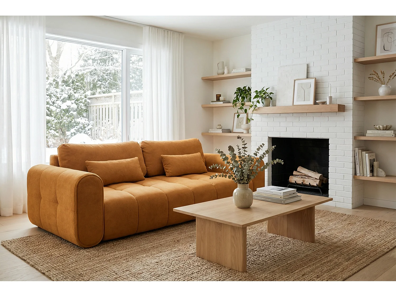 Canapé droit 3 places SAVONA convertible en tissu bouclé – moutarde
