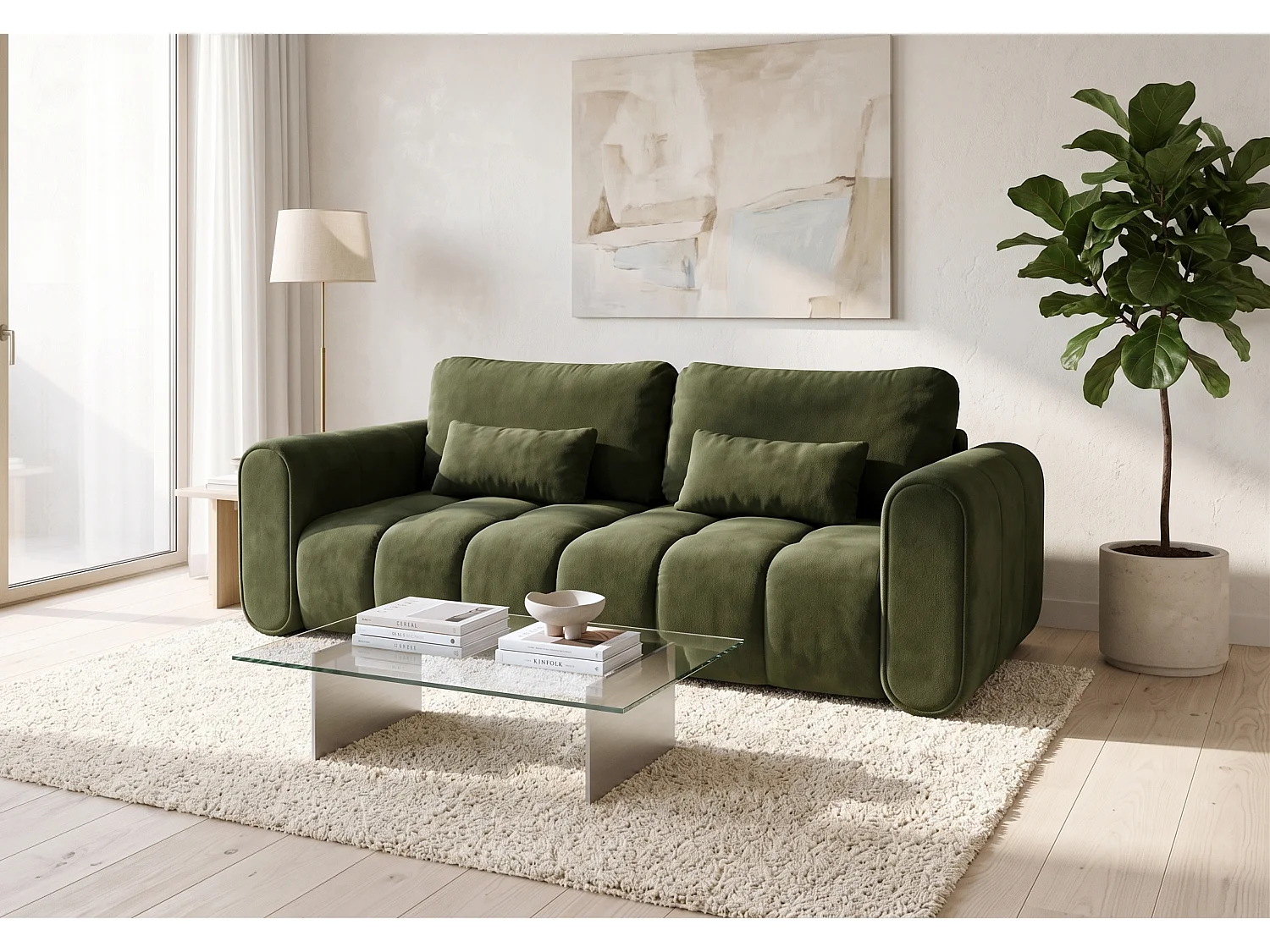 Canapé droit 3 places SAVONA convertible en tissu bouclé – vert bouteille
