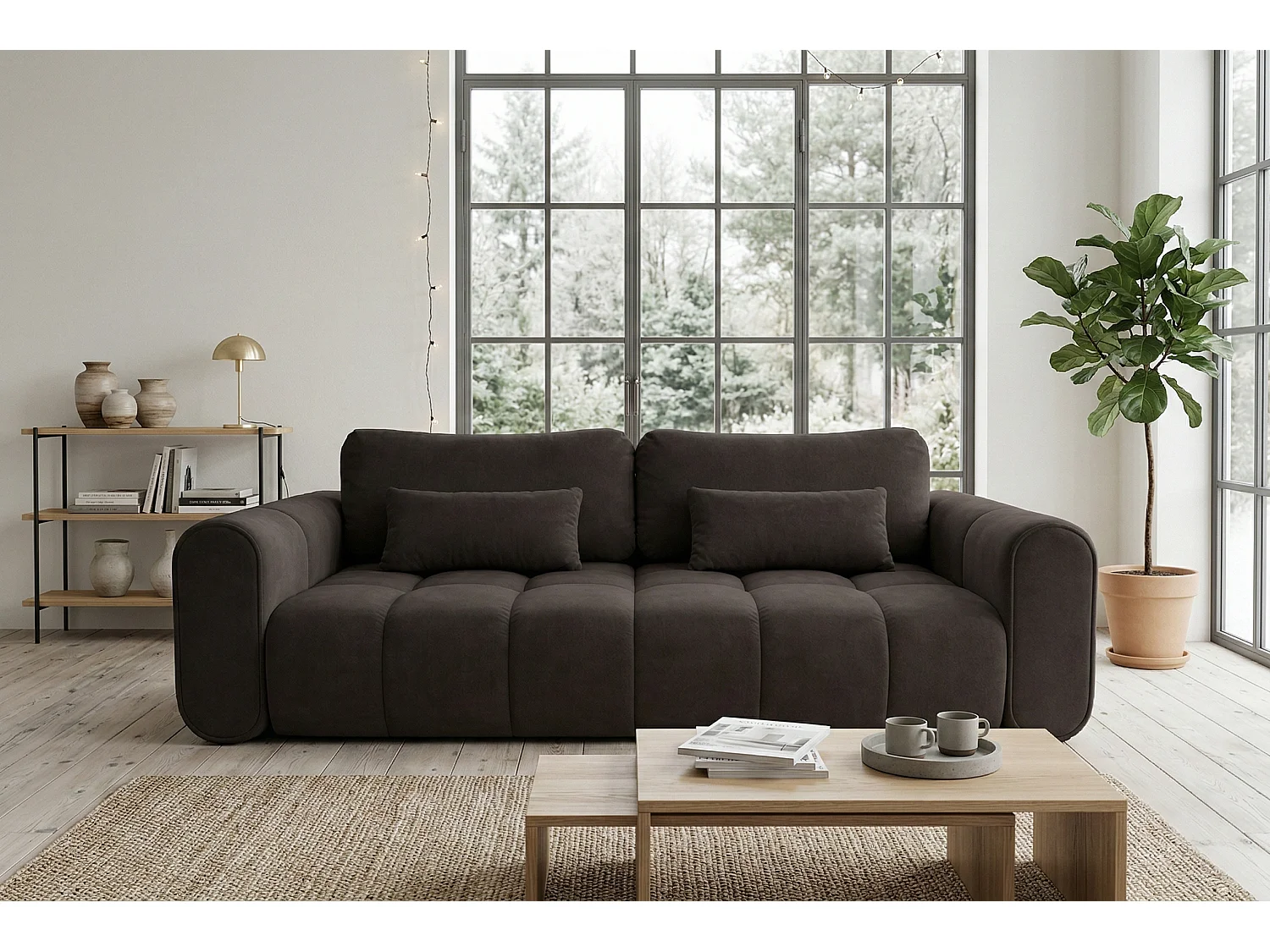Canapé droit 3 places SAVONA convertible en tissu bouclé – brun chocolat