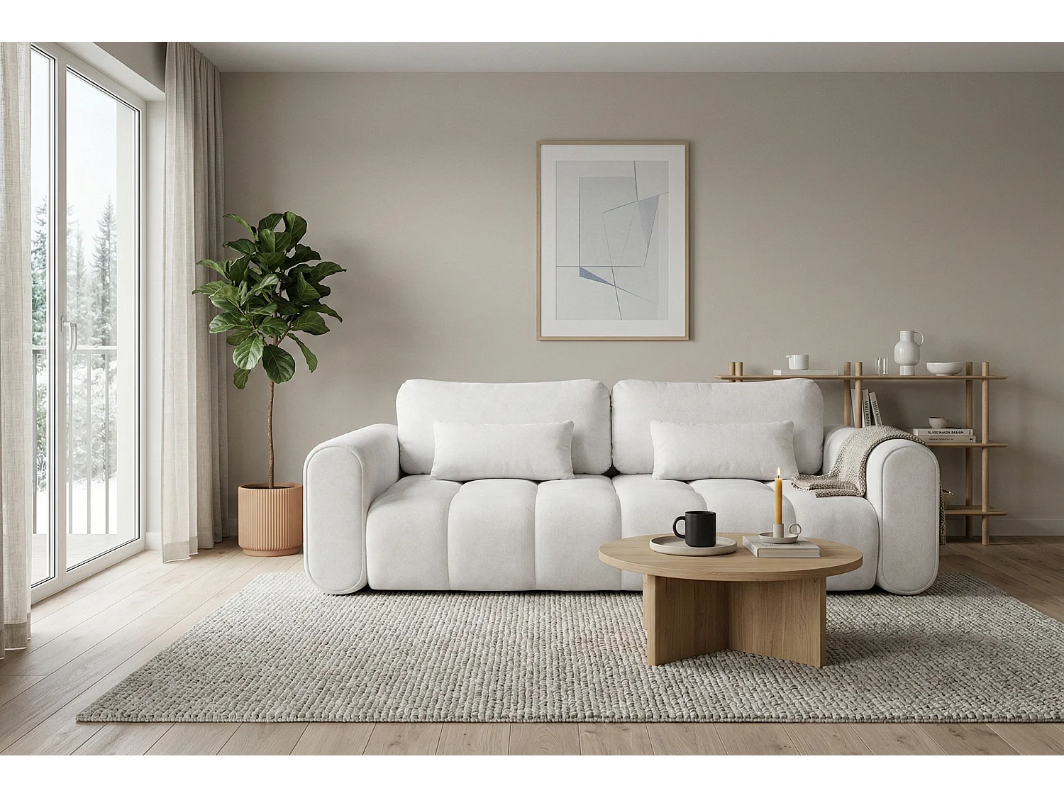 Canapé droit 3 places SAVONA convertible en tissu bouclé – gris clair