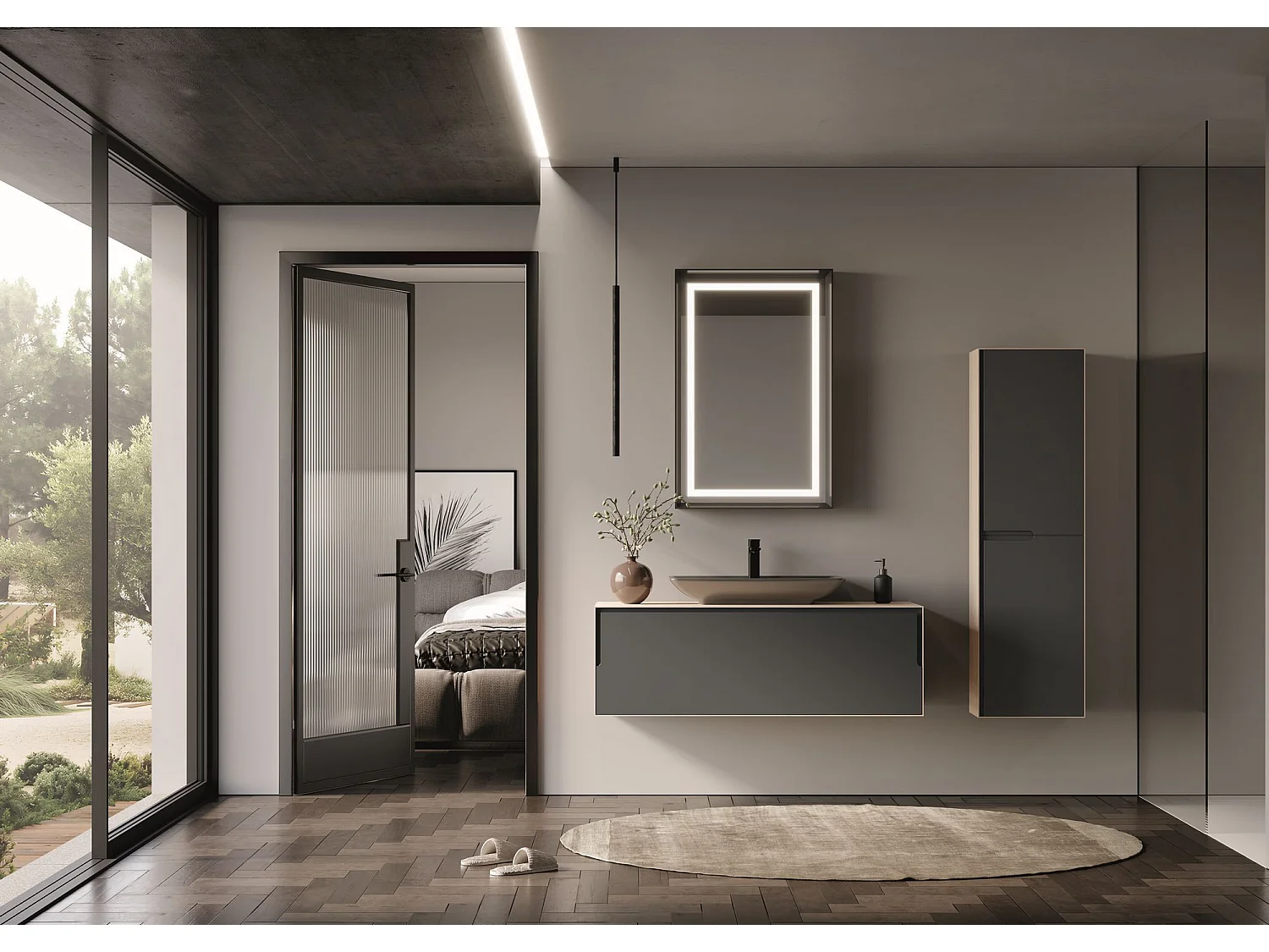 Modern LED-belyst Dekorativ Träspegel i Matt Antracit - 60 x 90 cm - Repfri MDF-ram