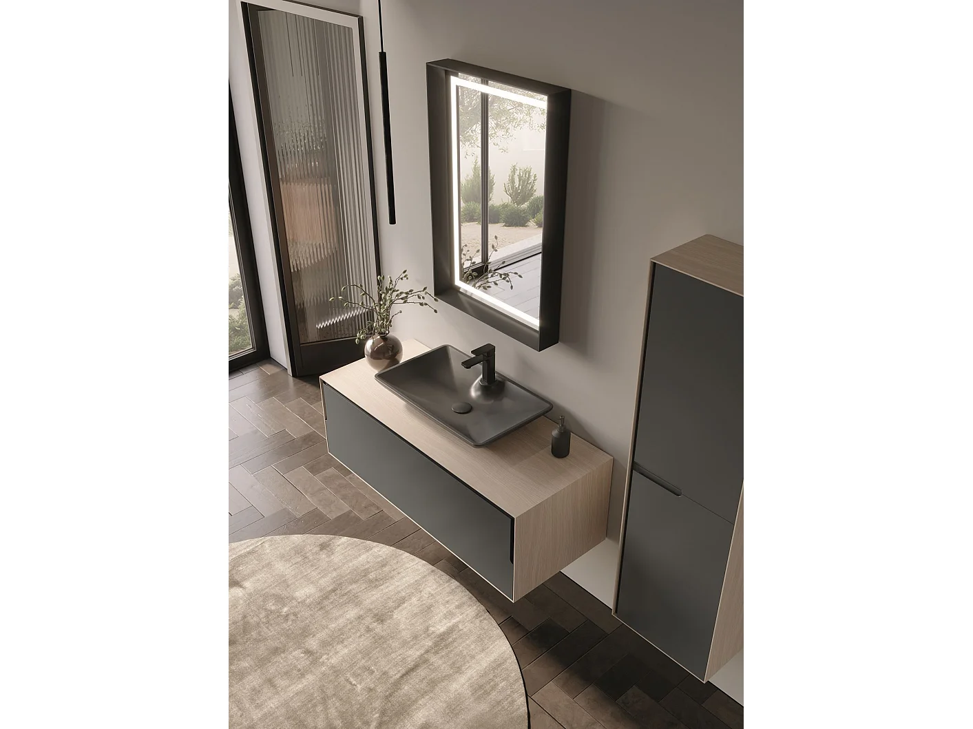Modern LED-belyst Dekorativ Träspegel i Matt Antracit - 60 x 90 cm - Repfri MDF-ram