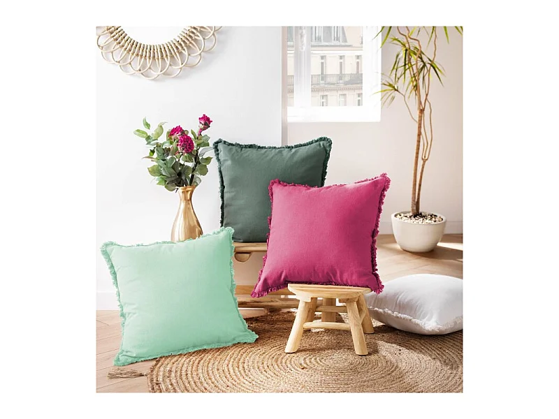 Coussin Déco Uni Franges "Eve" 45x45cm Sauge