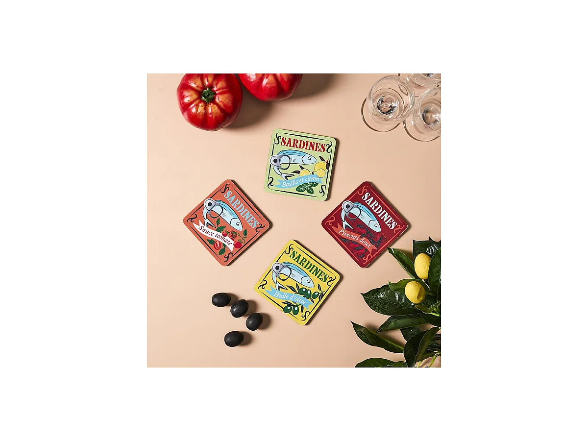 Lot de 4 Dessous de Verre "Sardine" 10cm Multicolore