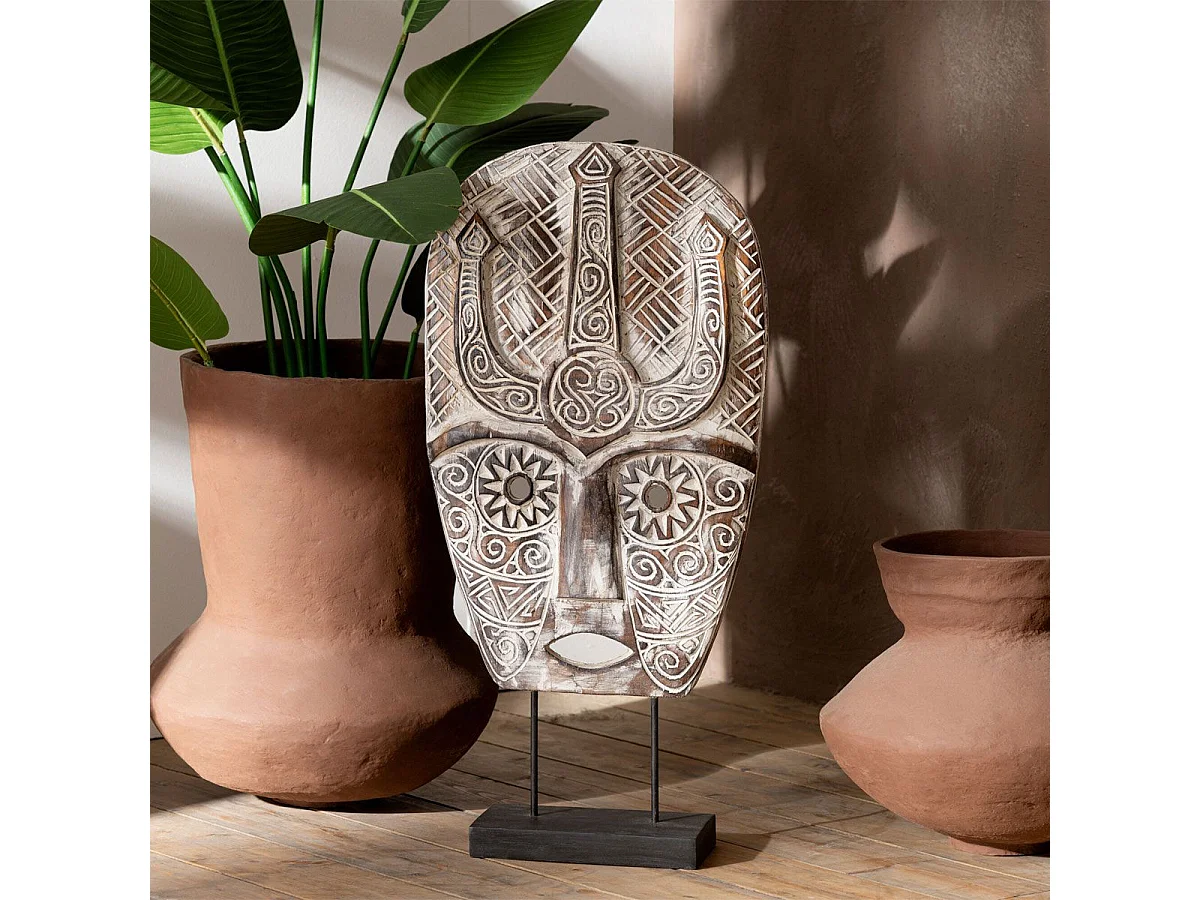 Statue Masque Primitif sur Pied "Zihao" 80cm Naturel