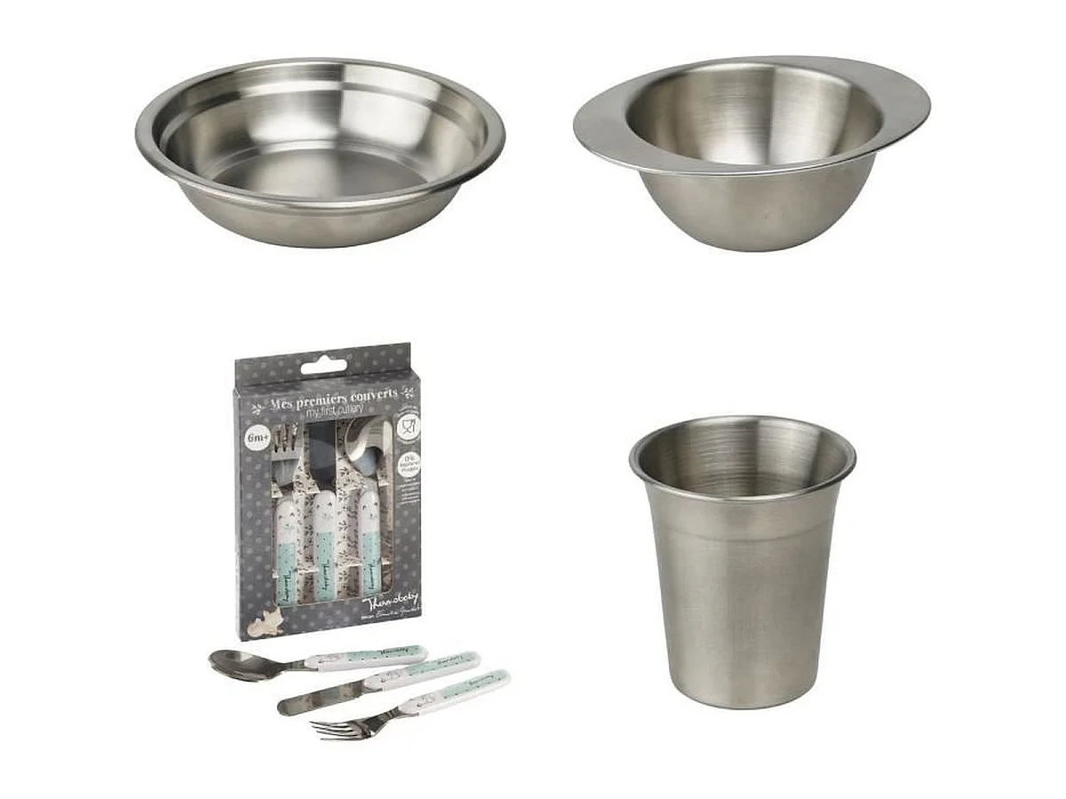 Service repas enfant THERMOBABY en inox — gobelet, bol, assiette creuse et couverts