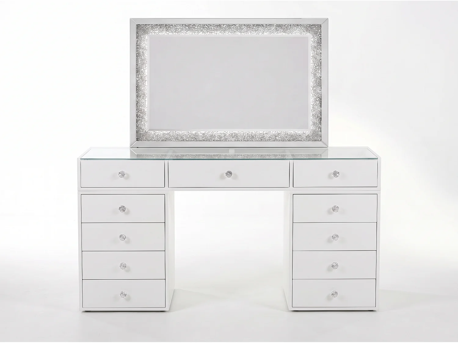 Coiffeuse HomeLuxury avec miroir LED 120cm - Blanche Vitrée 150cm avec 13 tiroirs