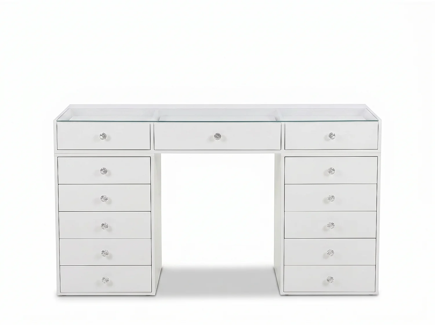 Coiffeuse HomeLuxury avec miroir LED 120cm - Blanche Vitrée 150cm avec 13 tiroirs