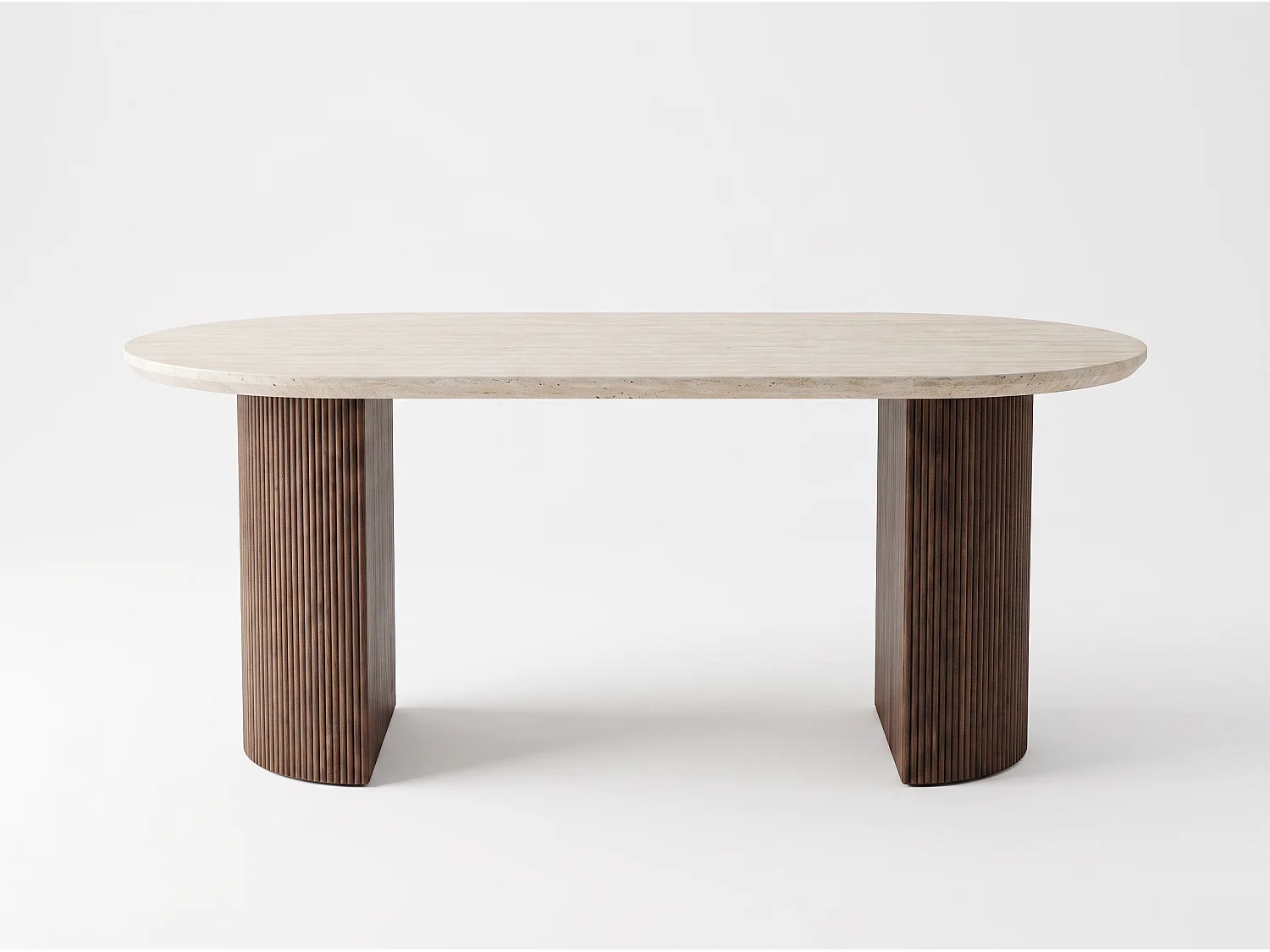 Table à manger TERRA – Plateau en céramique travertin beige et pieds finition noyer - Homeluxury